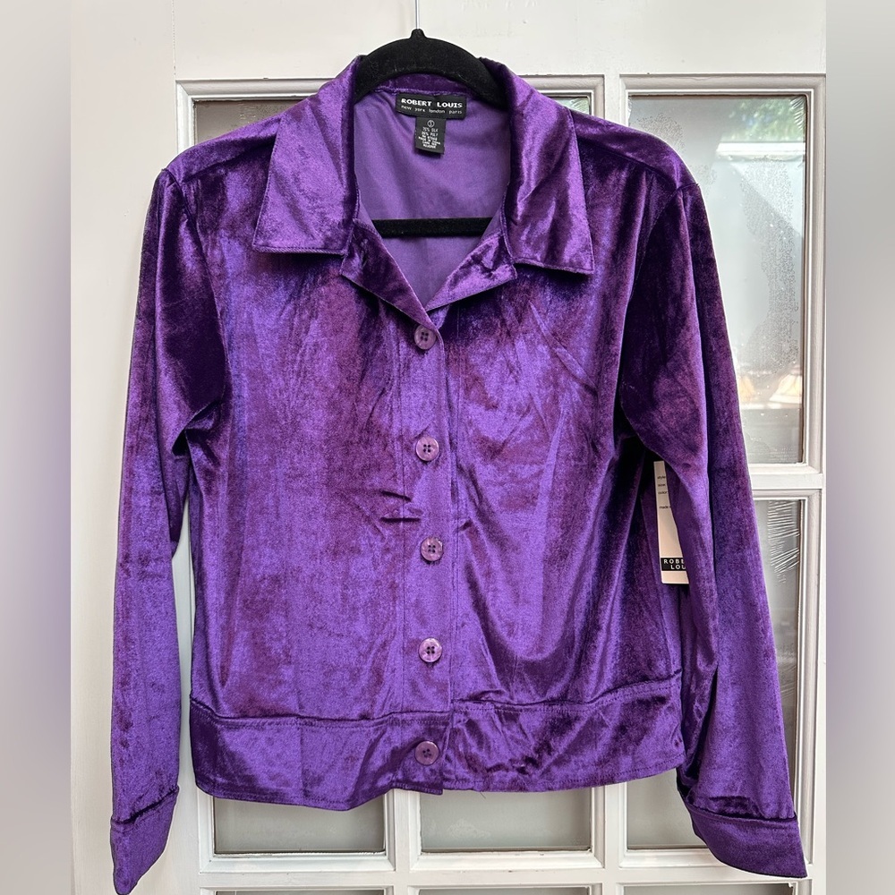 Robert Louis Designer Silk Sasha Purple Velvet Button Up Blouse Size Small S NWT
